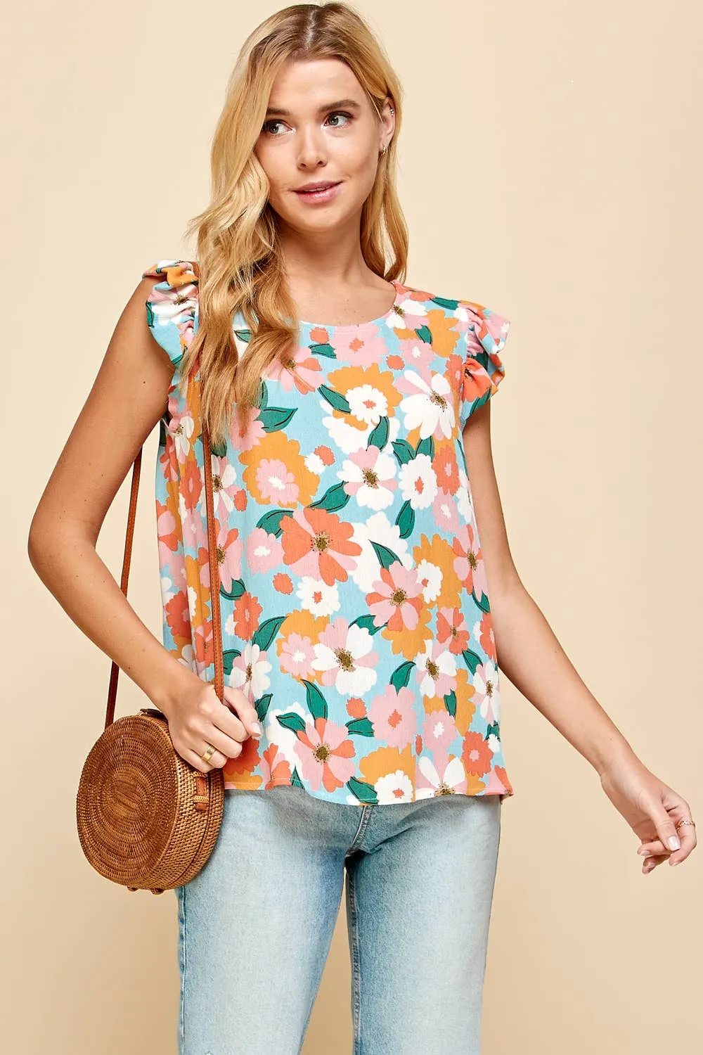 Floral Sleeveless Top with Ruffled Sleeves