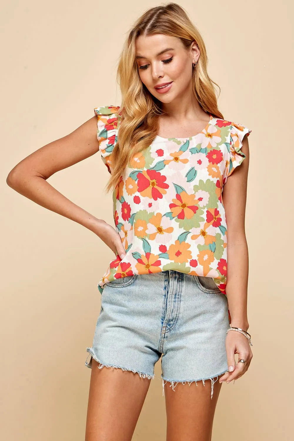 Floral Sleeveless Top with Ruffled Sleeves