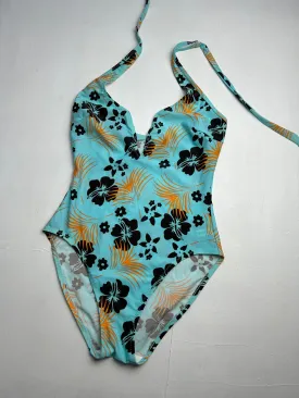 Hibiscus floral print blue y2k vintage swimsuit body (S)