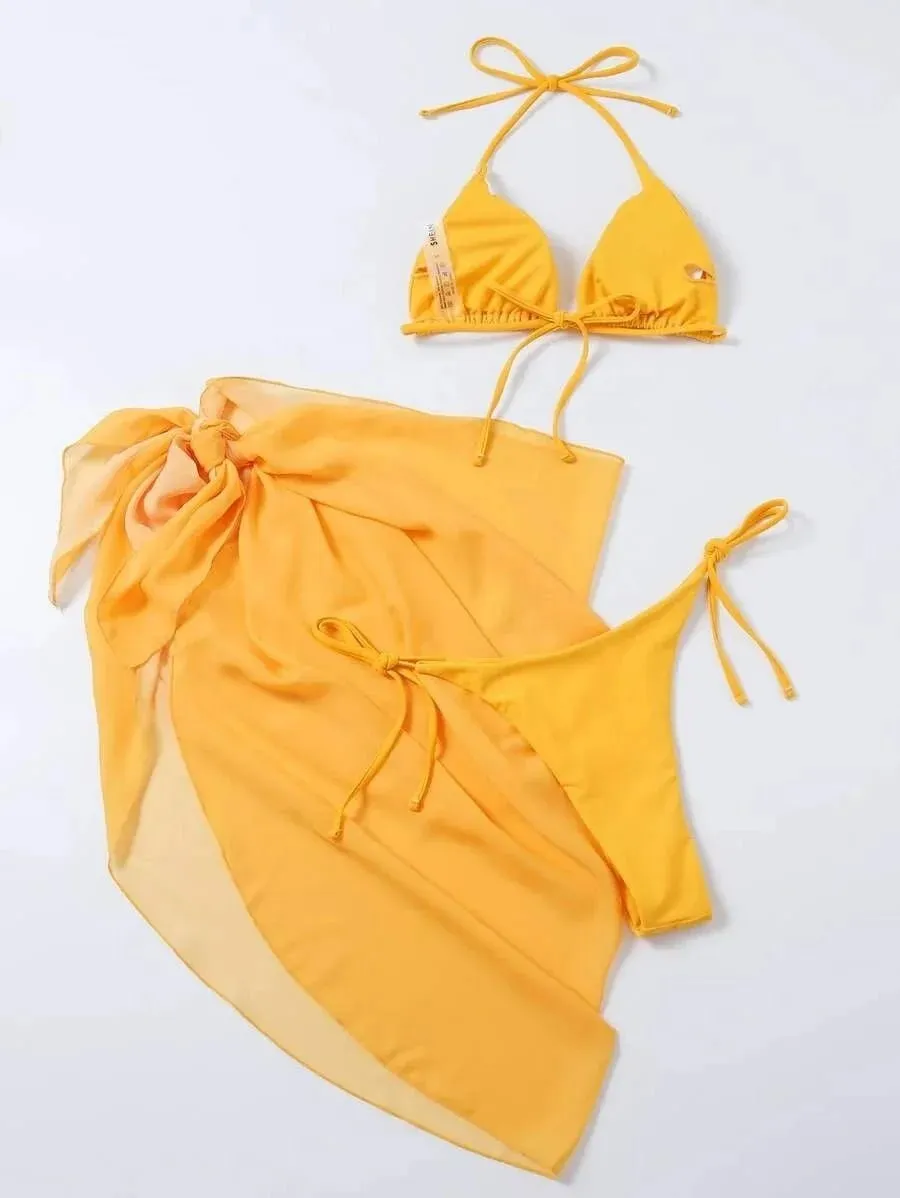 Hot Basic 3-Piece Halter Swimsuit Bikini Set - Two Piece Design - Swimwear