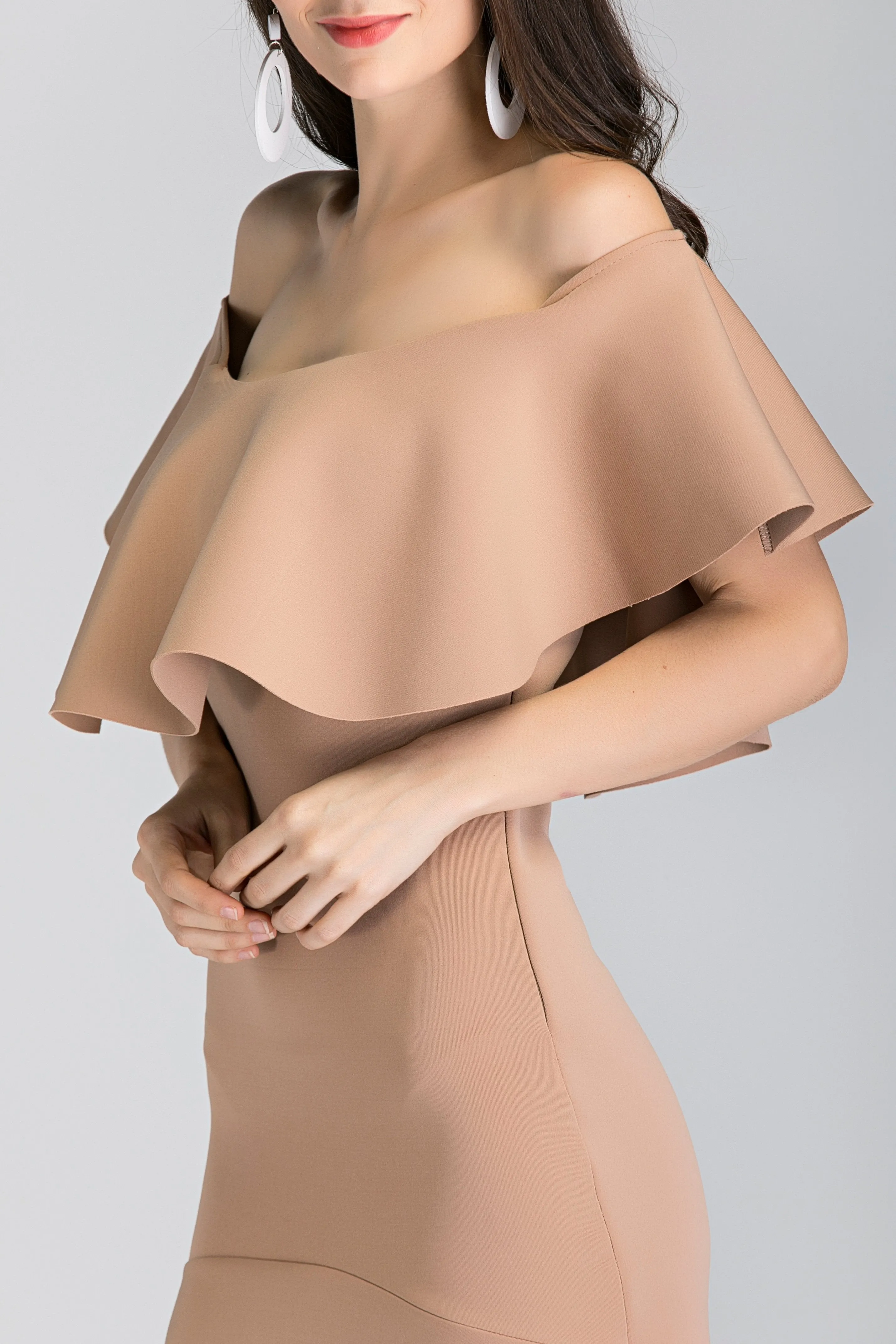 Nude Iris Ruffled Bardot Mullet Dress