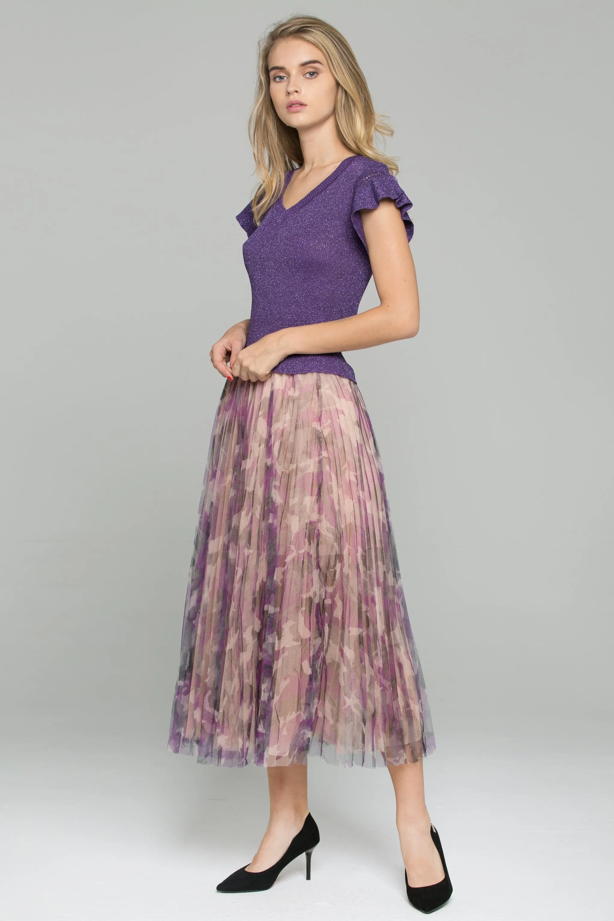 Purple Ruffled Top Chiffon Double Layer Accordion Pleats Midi Skirt Set