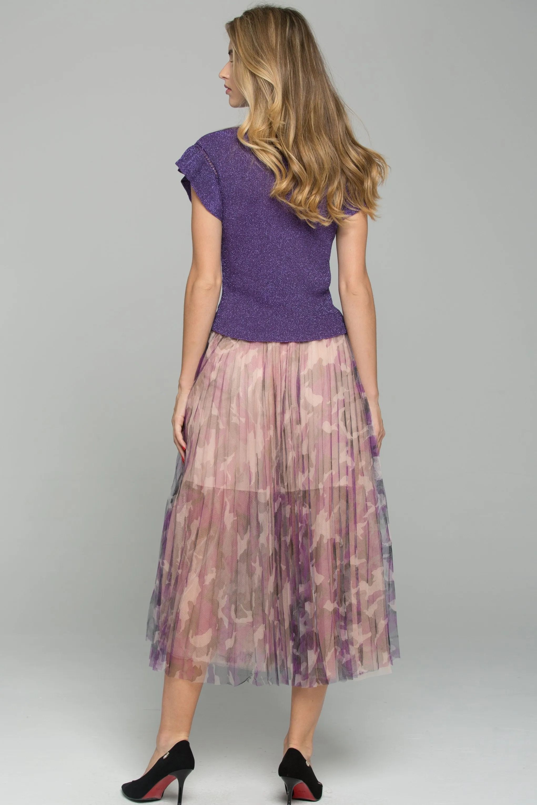 Purple Ruffled Top Chiffon Double Layer Accordion Pleats Midi Skirt Set