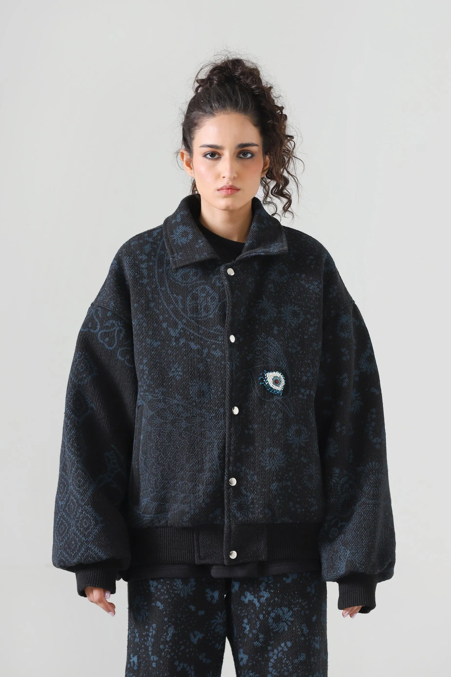 "EYE OF THE STORM" BLOCK PRINT BOMBER JACKET