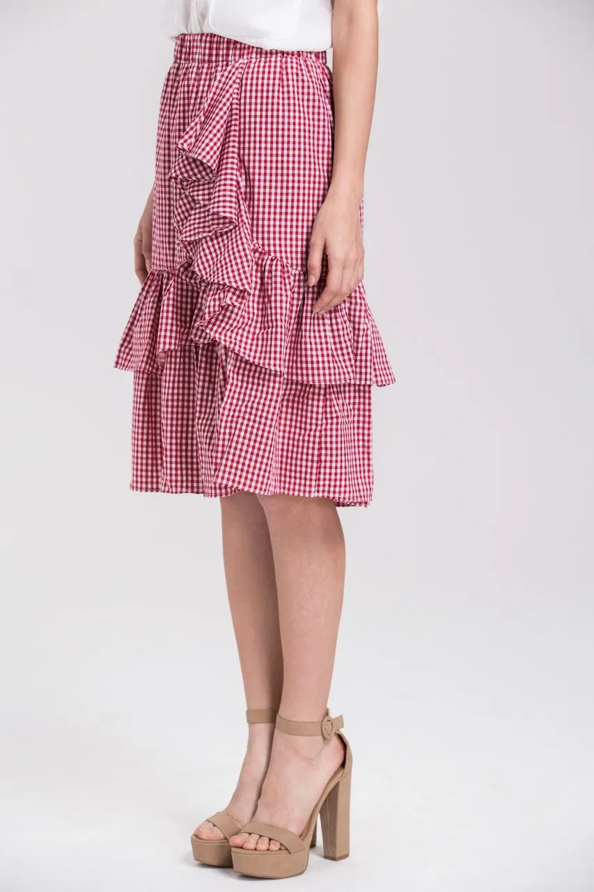 Red Ruffled Gingham Midi Skirt