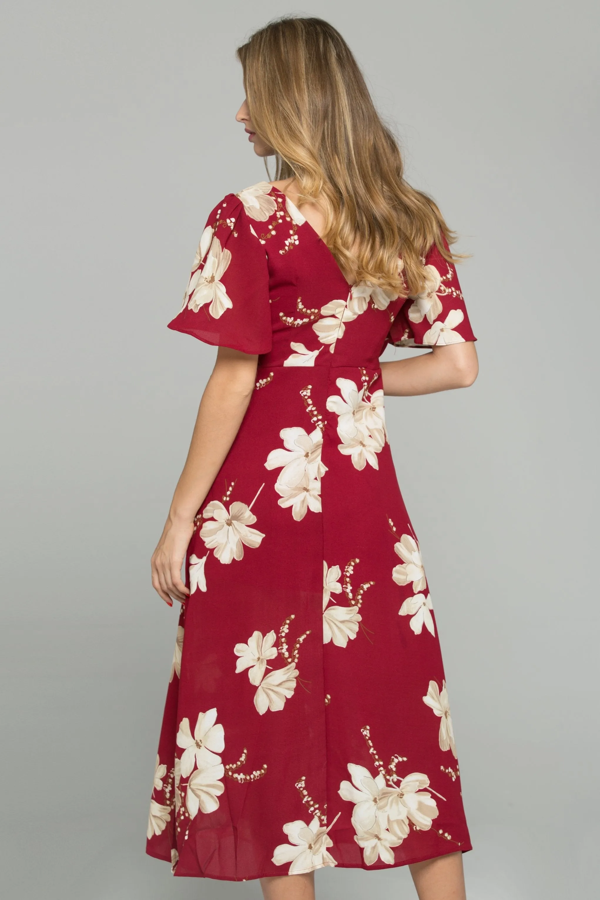 Red V-Neck Floral Print Drawstring Ruffled Midi Dress