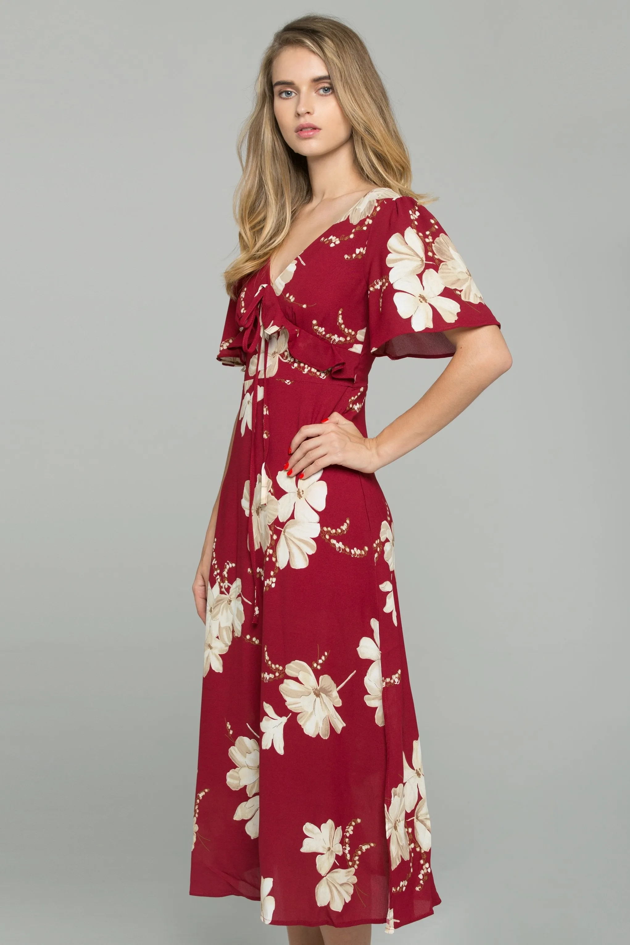 Red V-Neck Floral Print Drawstring Ruffled Midi Dress