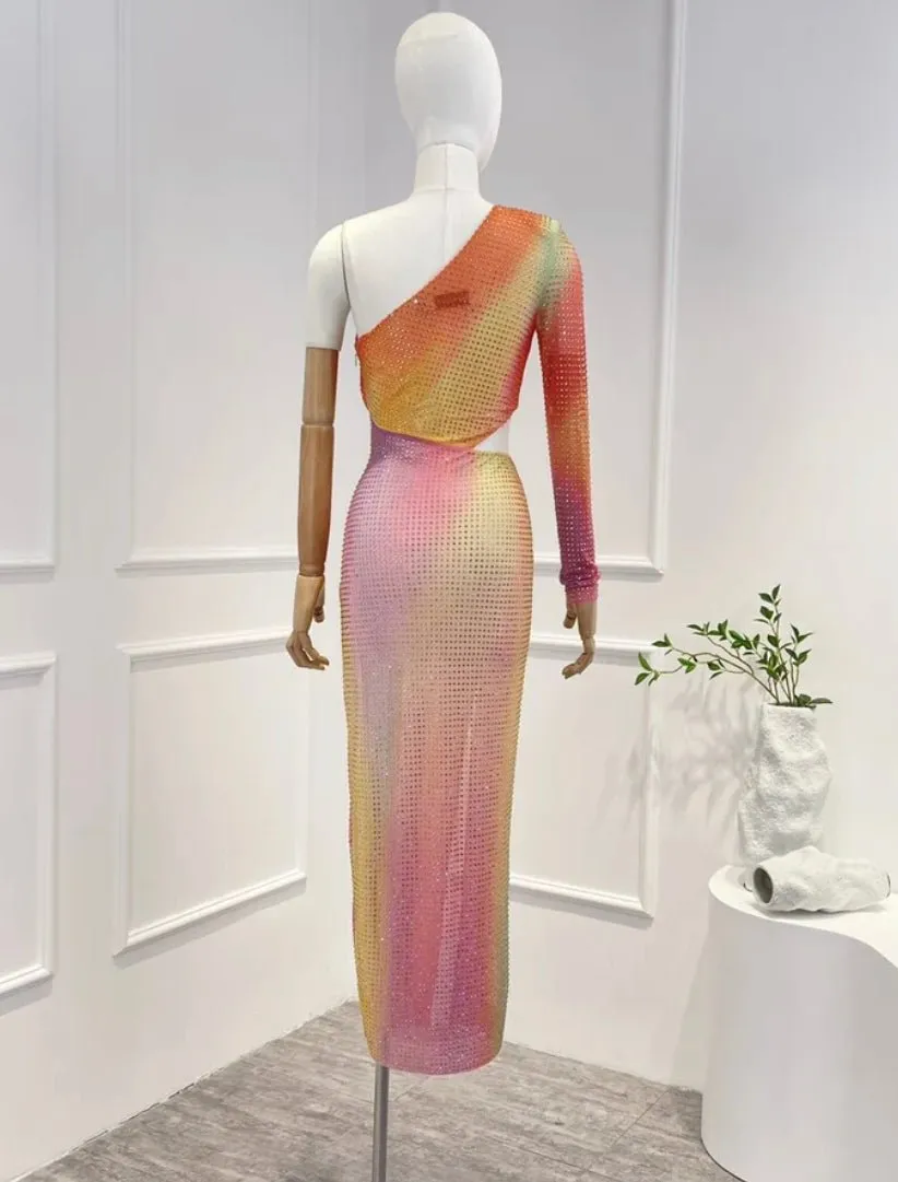 Rhinestone Rainbow dress with one sleeve