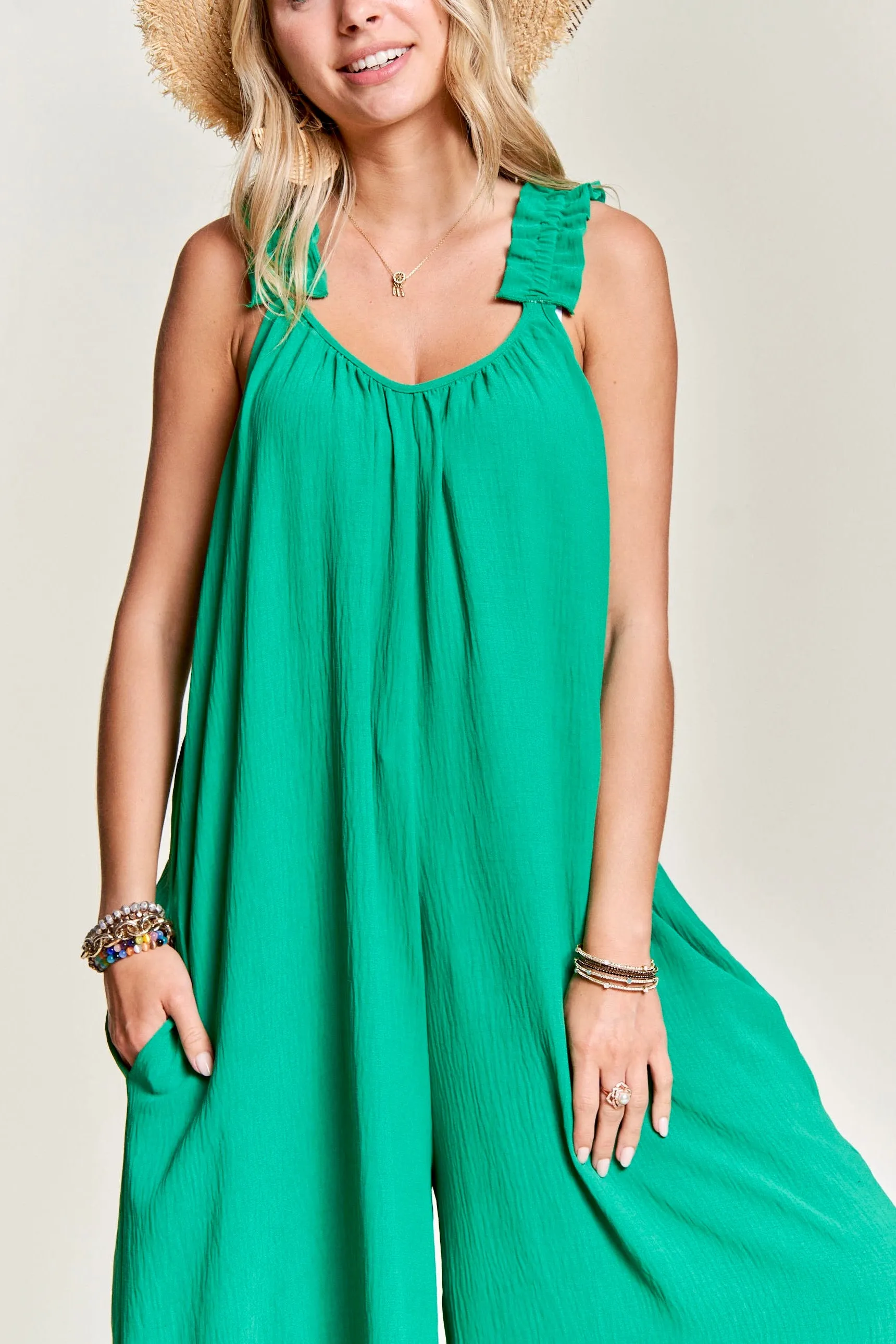 Ruffled Shoulder Strap Wide Leg Jumpsuit- Kelly Green