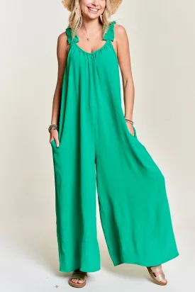 Ruffled Shoulder Strap Wide Leg Jumpsuit- Kelly Green