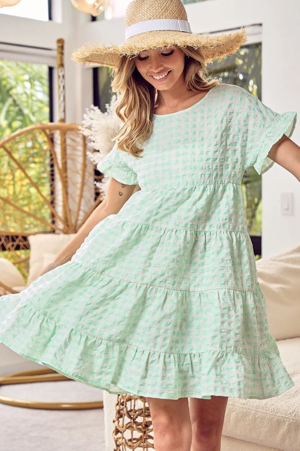 Ruffled Sleeve Tiered Dress - Green