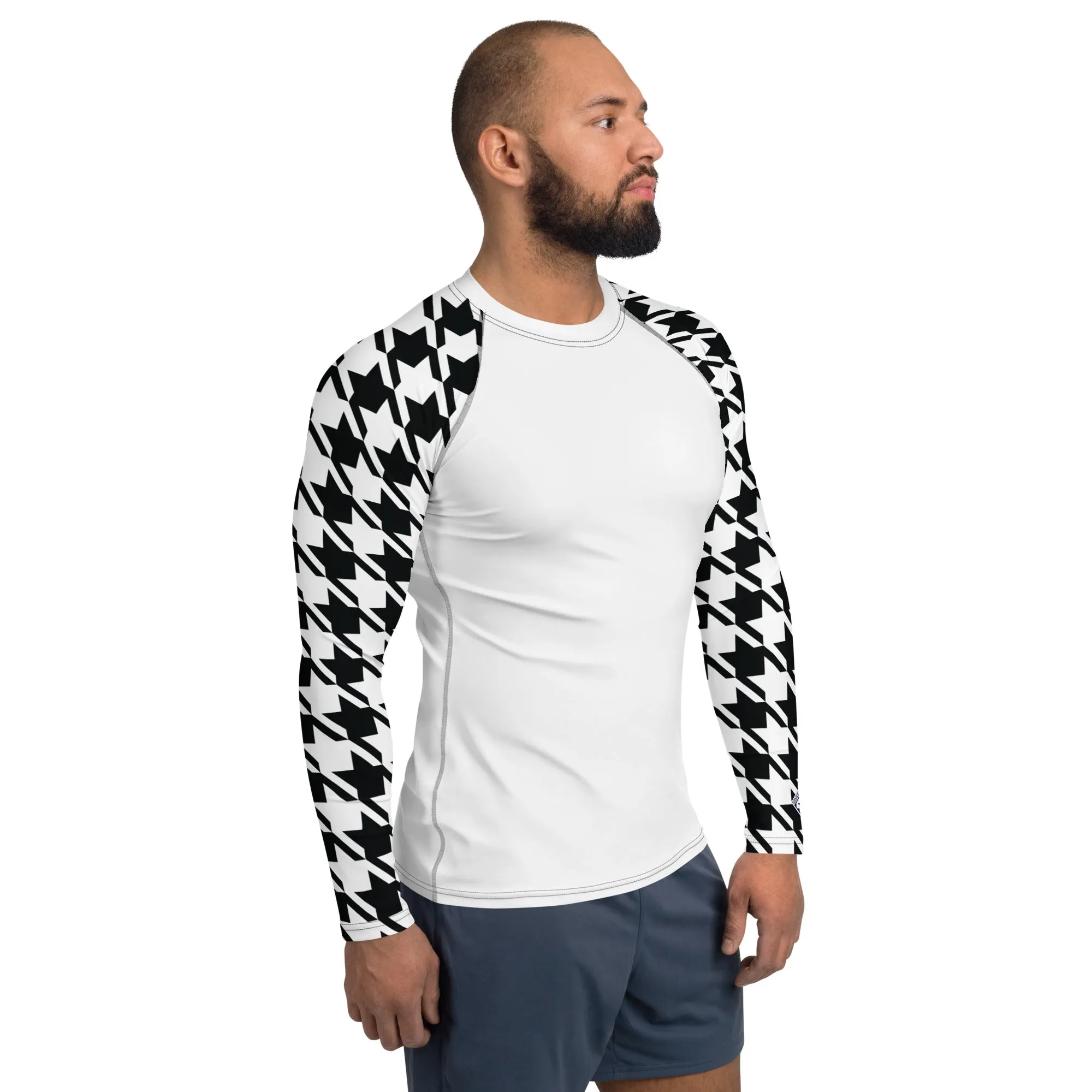 Sharp Style: Men's Houndstooth BJJ Compression Shirt Blanc