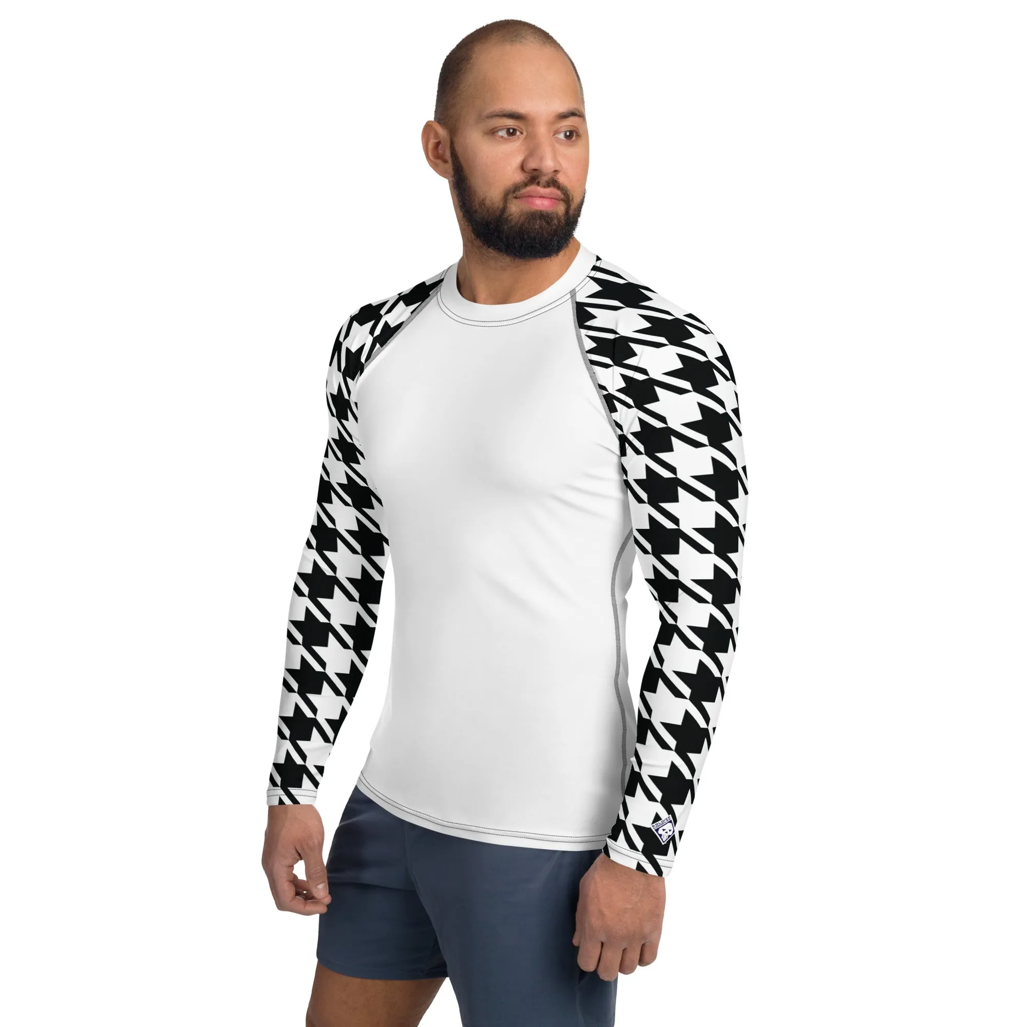 Sharp Style: Men's Houndstooth BJJ Compression Shirt Blanc