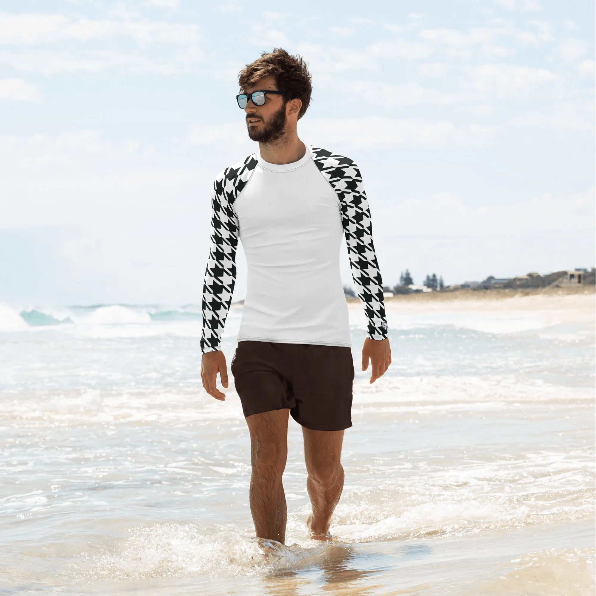 Sharp Style: Men's Houndstooth BJJ Compression Shirt Blanc