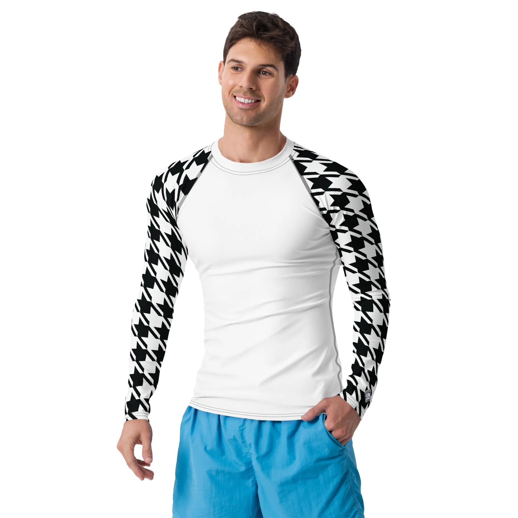 Sharp Style: Men's Houndstooth BJJ Compression Shirt Blanc