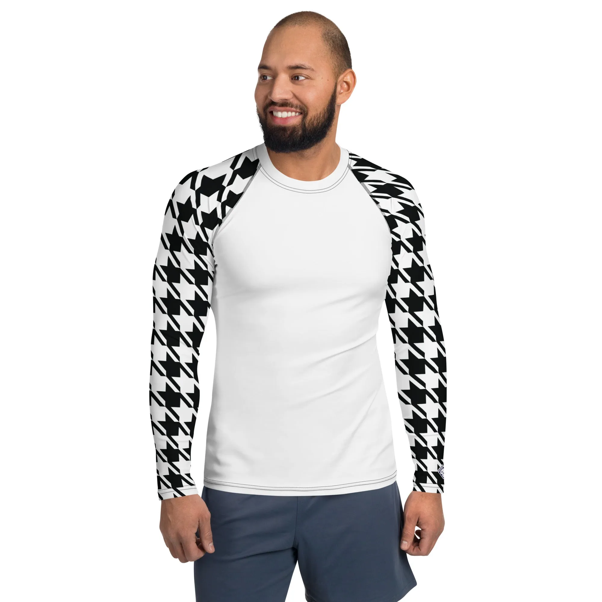 Sharp Style: Men's Houndstooth BJJ Compression Shirt Blanc