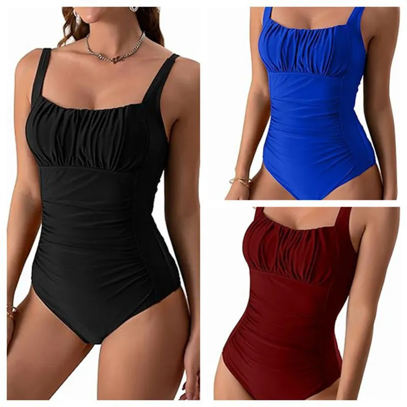 Square Neck One-piece Solid Color Pleated Design Swimsuit