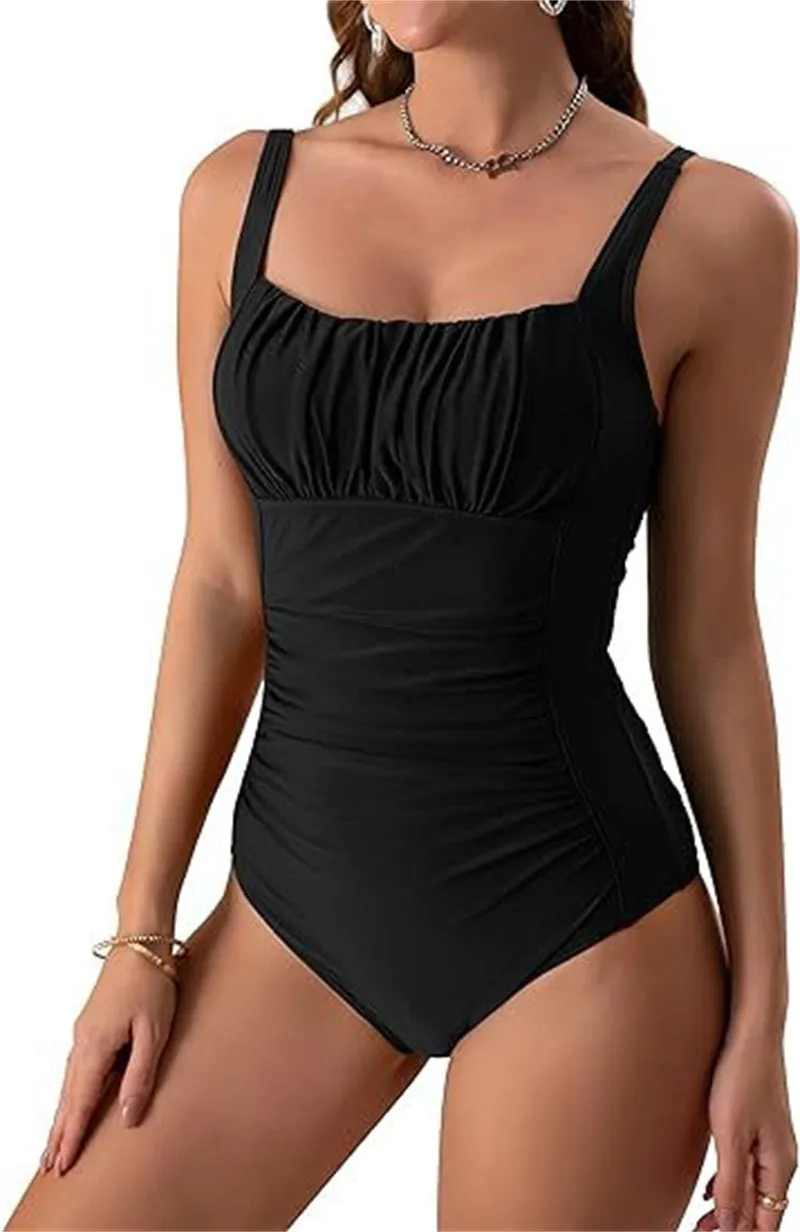 Square Neck One-piece Solid Color Pleated Design Swimsuit