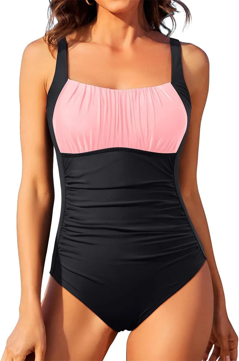 Square Neck One-piece Solid Color Pleated Design Swimsuit