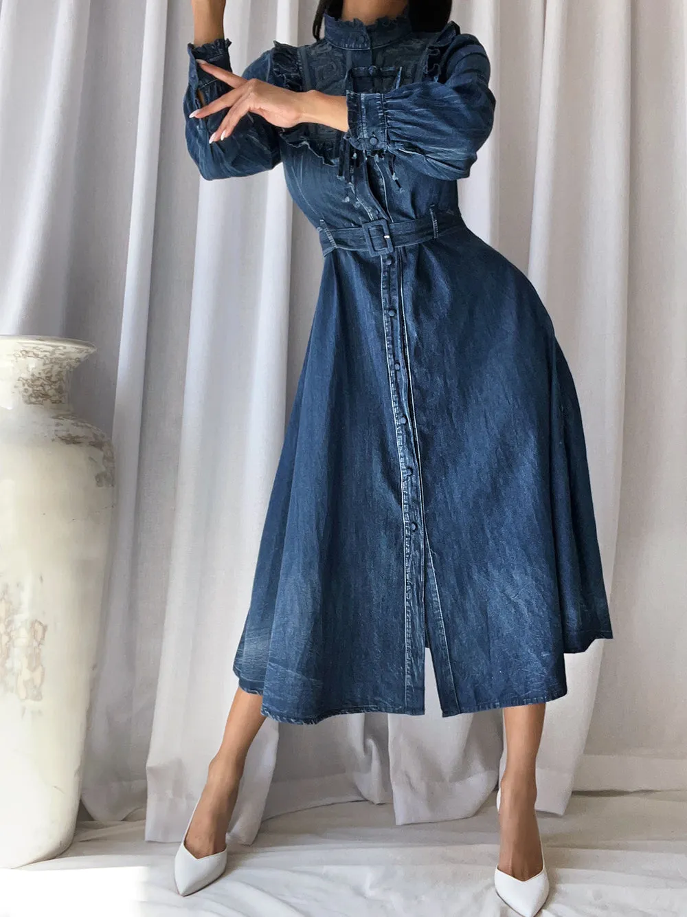 SSENA Embroidery Denim Dress