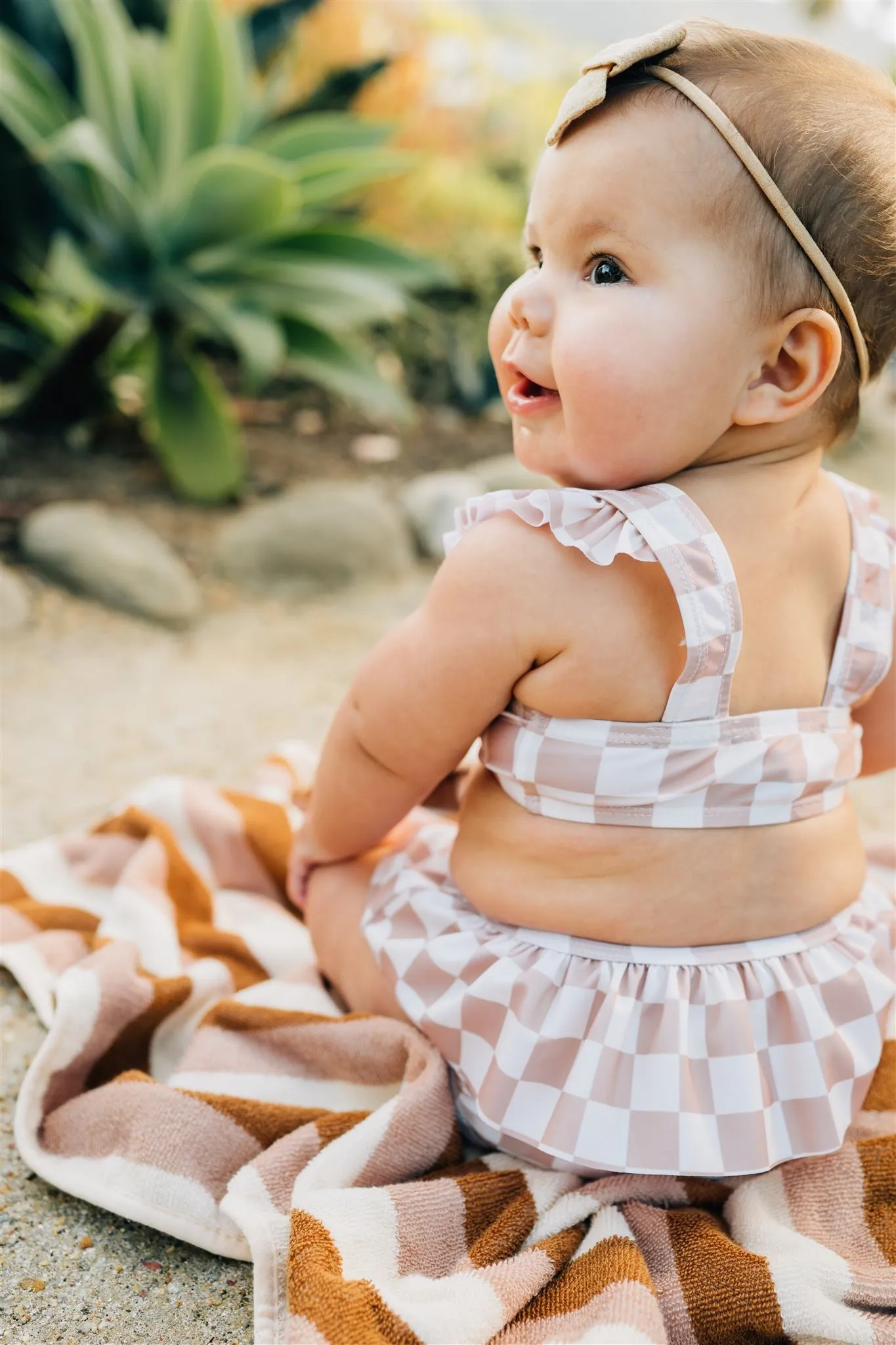 Taupe Checkered Ruffle Bikini Set