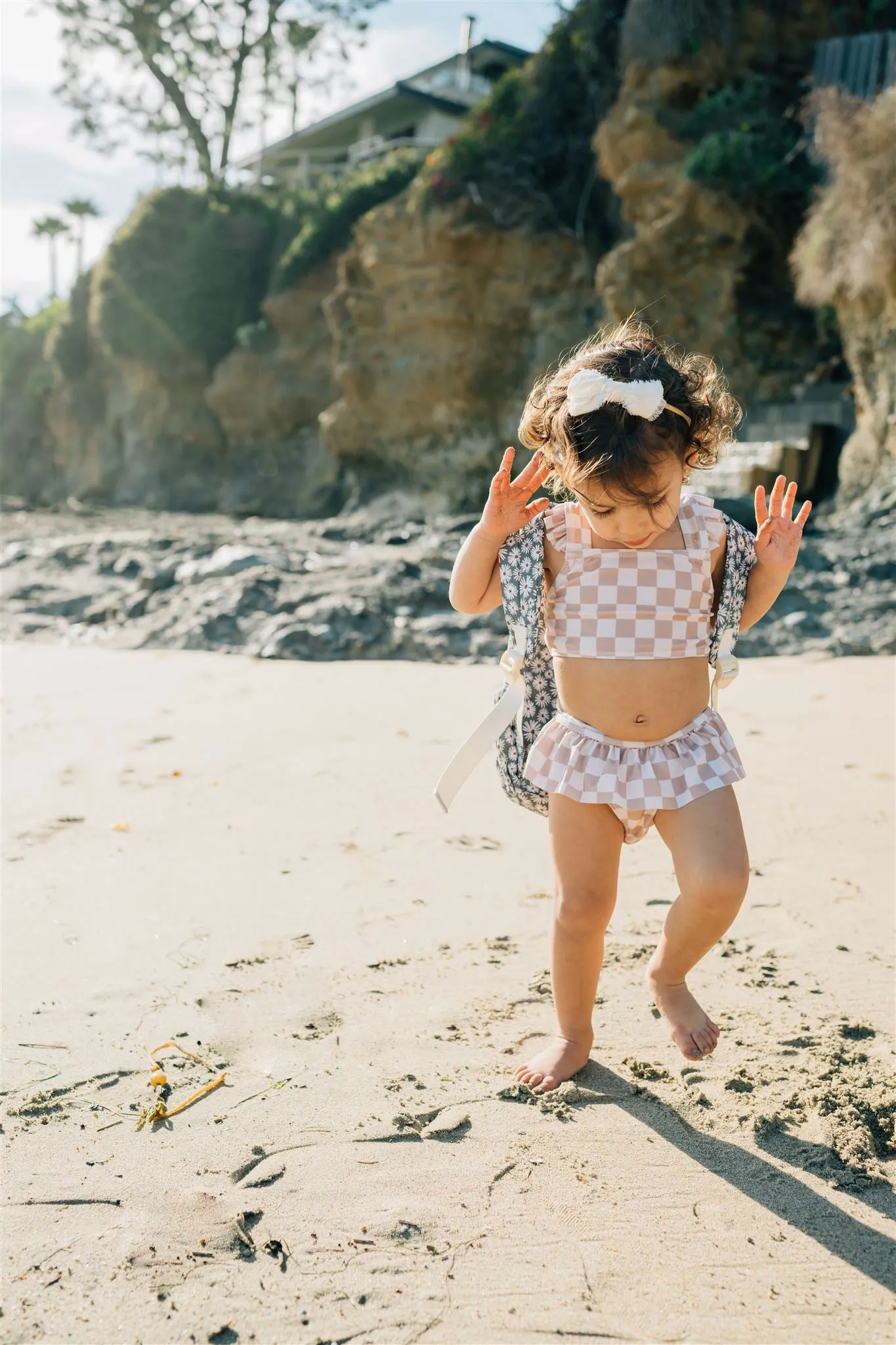 Taupe Checkered Ruffle Bikini Set