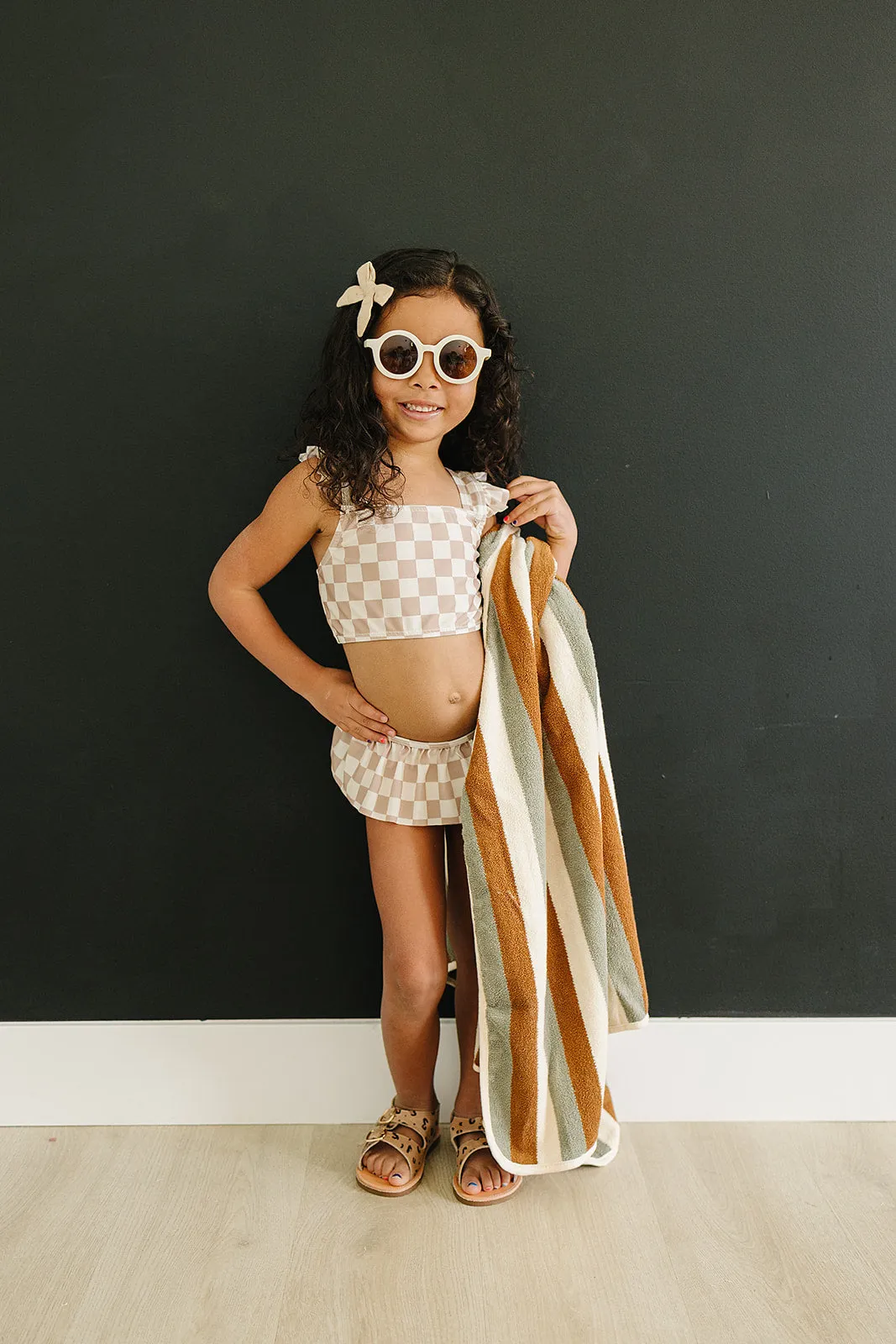 Taupe Checkered Ruffle Bikini Set