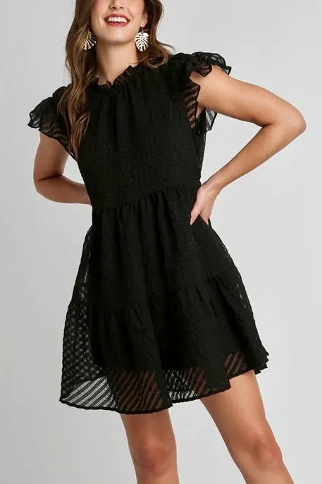 Textured Organza Round Neck Ruffled Dress- Black