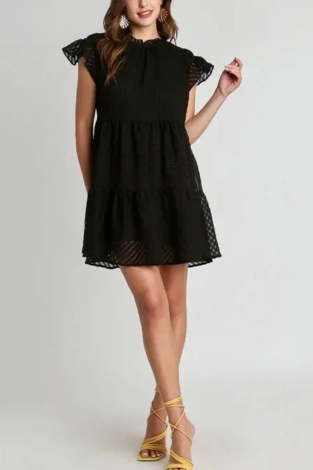 Textured Organza Round Neck Ruffled Dress- Black