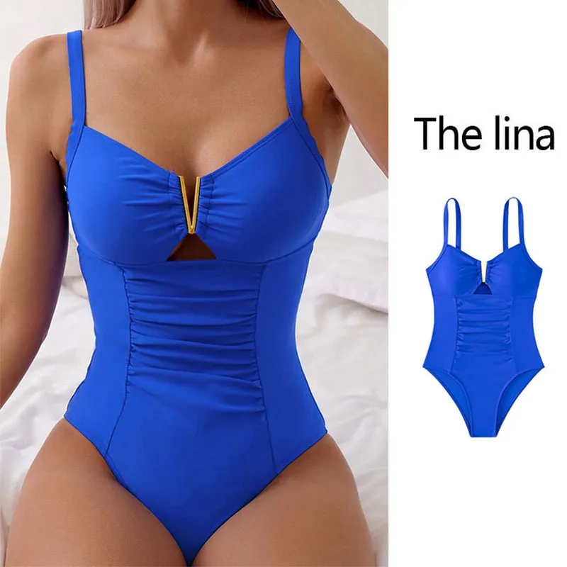 V-neck Hollow One-piece Pleated Belly Slimming Swimsuit