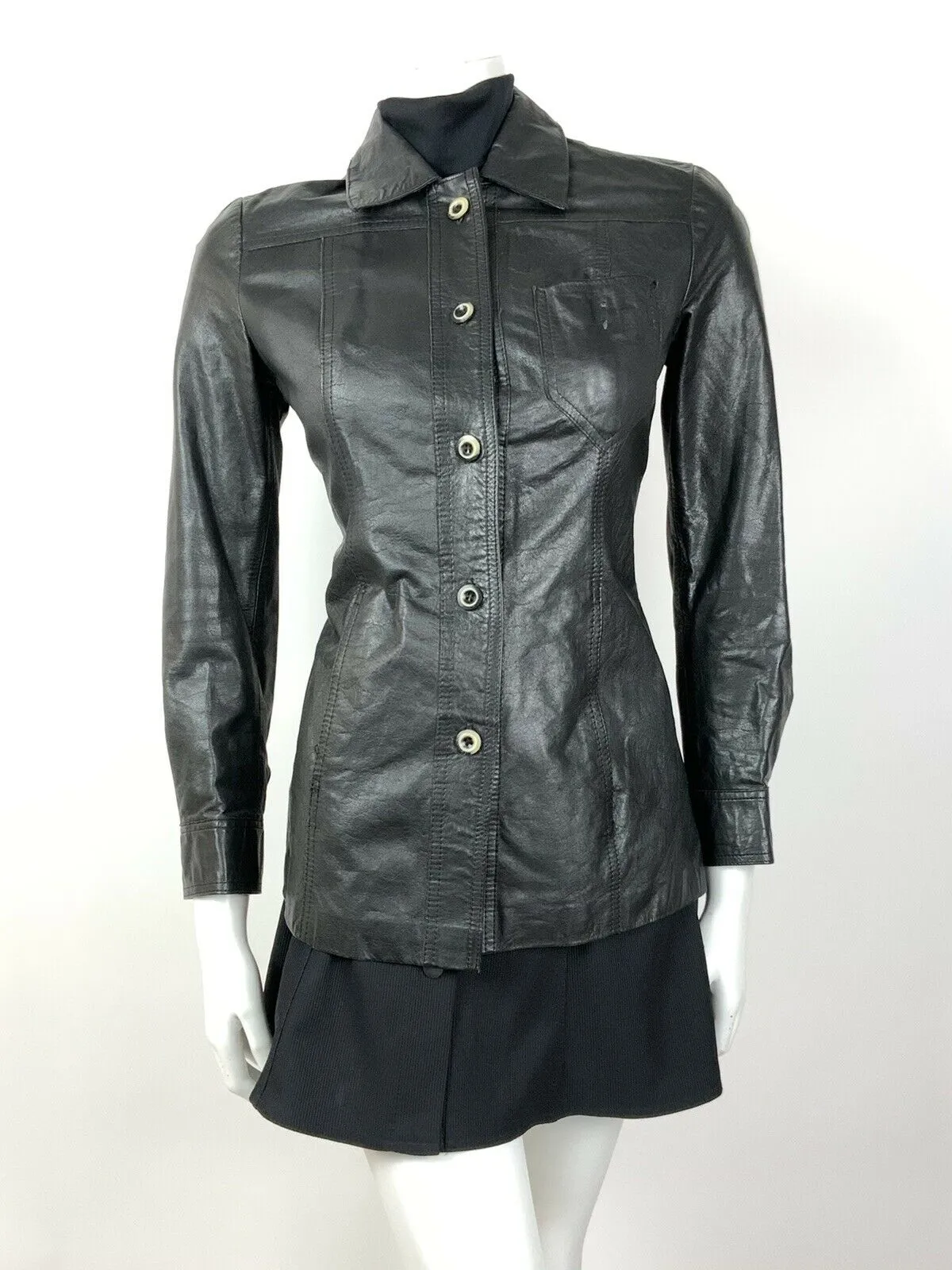 VINTAGE 60s 70s BLACK BUTTONED SHORT LEATHER JACKET 8 10