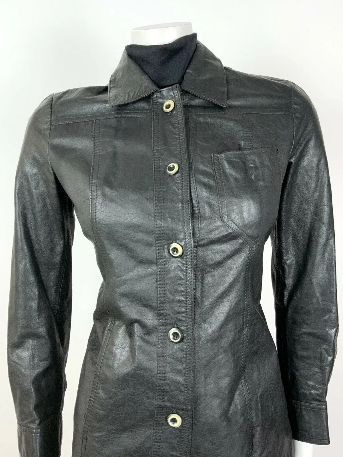 VINTAGE 60s 70s BLACK BUTTONED SHORT LEATHER JACKET 8 10