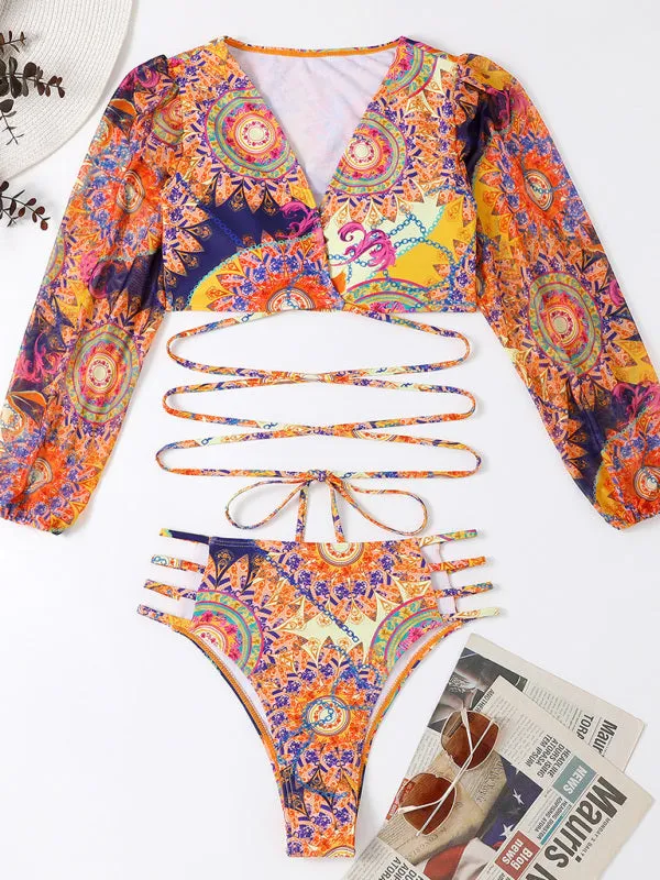 Women's Ethnic Print Long Sleeve Swimsuit With Front And Back Cut Out Design