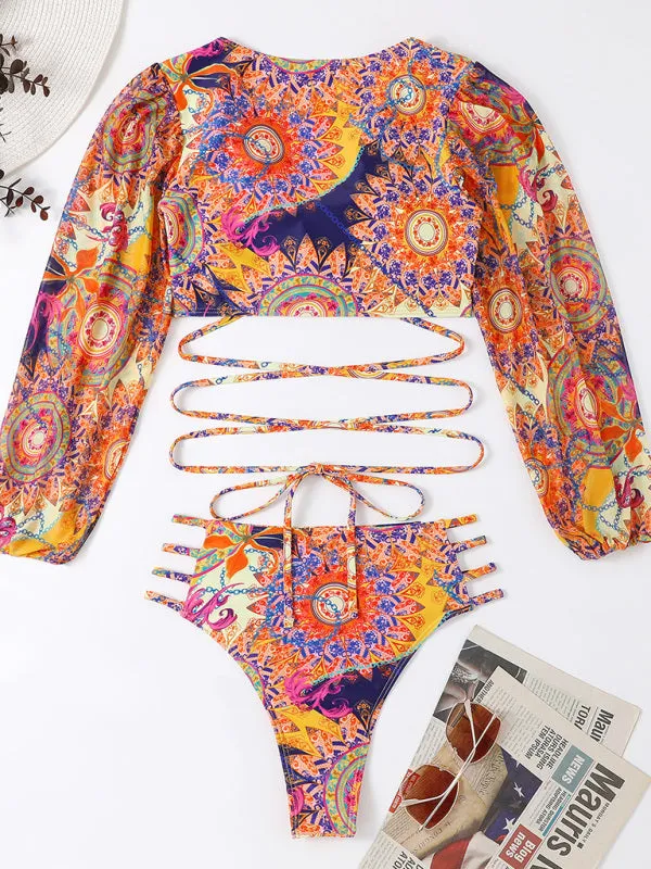 Women's Ethnic Print Long Sleeve Swimsuit With Front And Back Cut Out Design