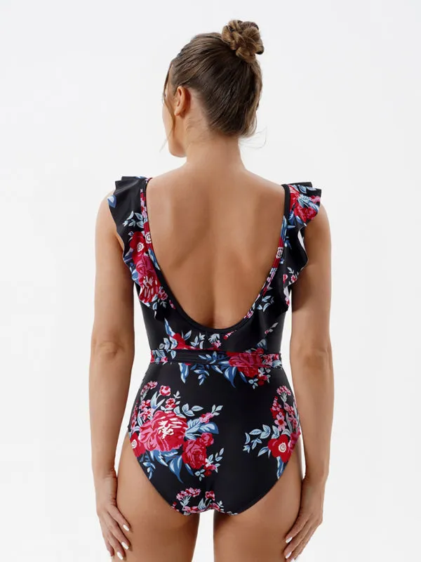 Women's Frilly Front Cut Out Backless Swimsuit