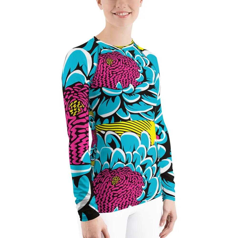 Women's Pop Art BJJ Long Sleeve Rash Guards - Roy Lichtenstein Inspired Dahlia Print 002