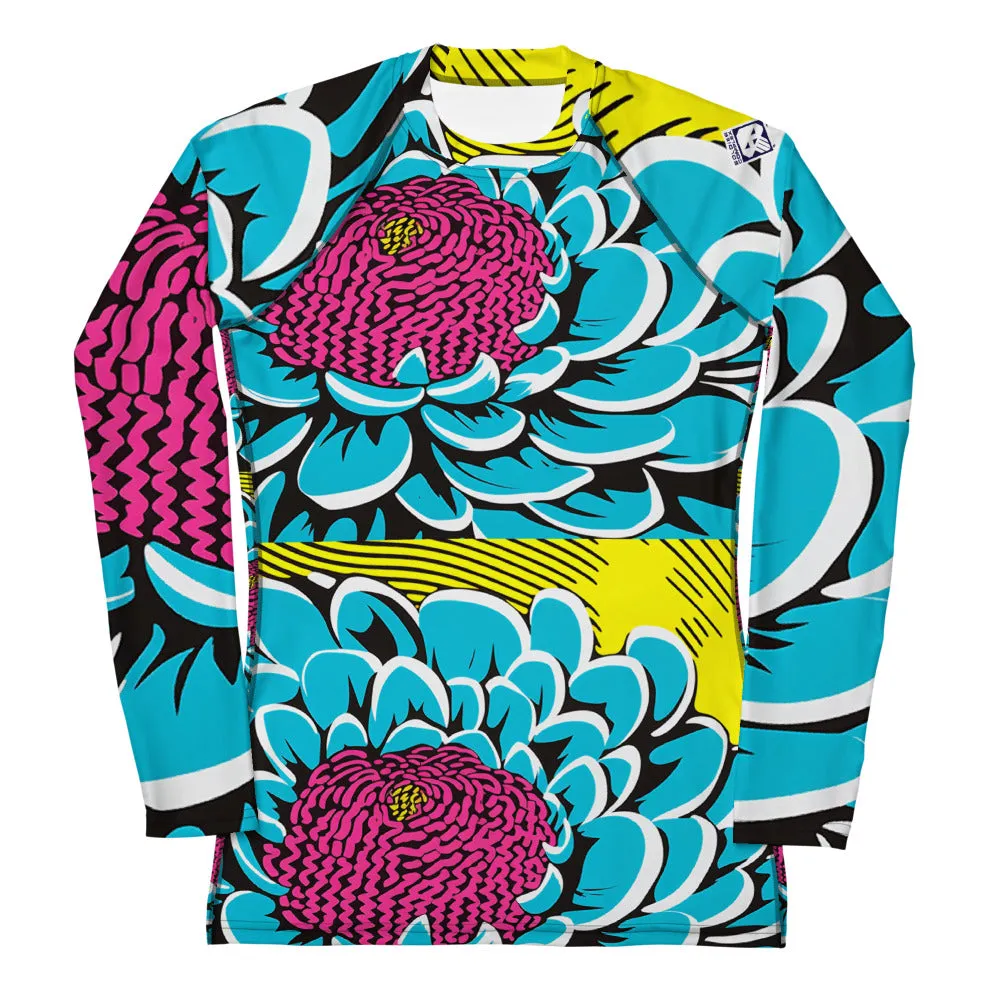 Women's Pop Art BJJ Long Sleeve Rash Guards - Roy Lichtenstein Inspired Dahlia Print 002