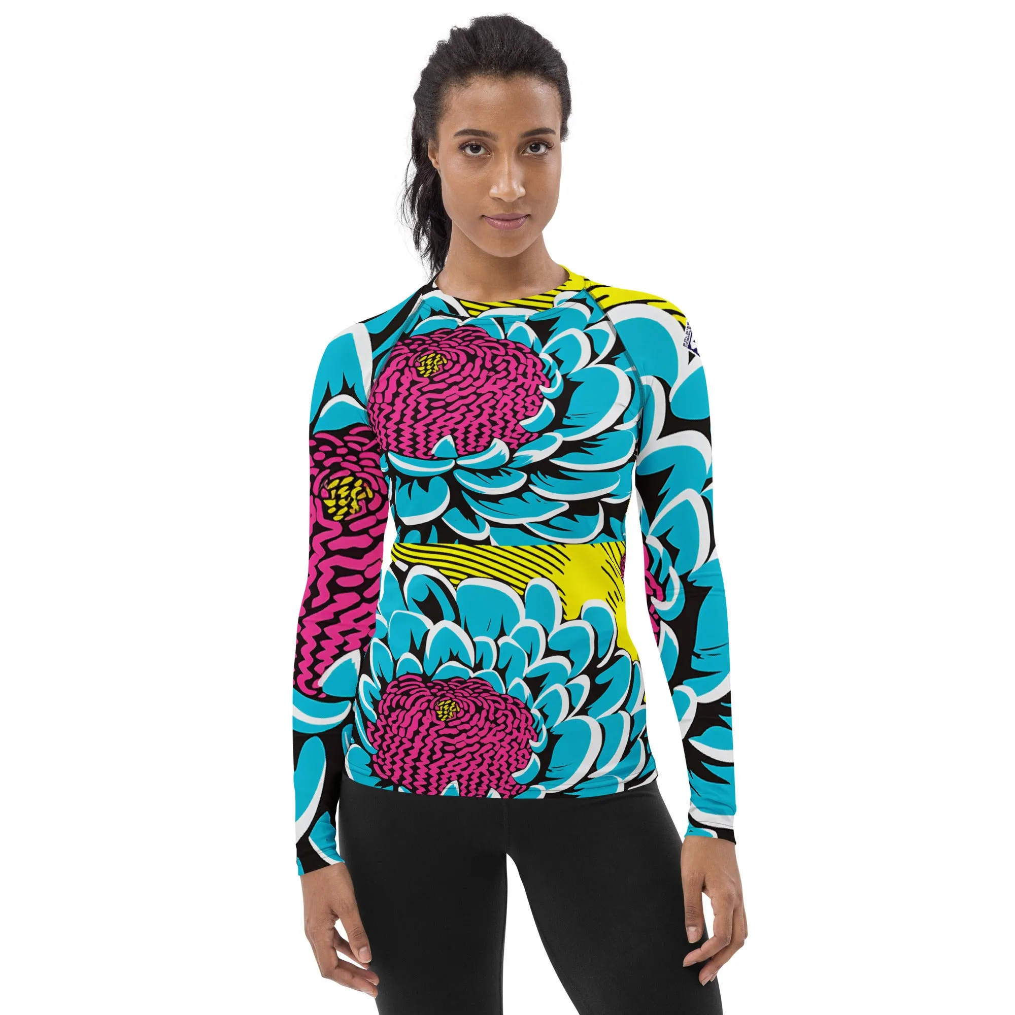 Women's Pop Art BJJ Long Sleeve Rash Guards - Roy Lichtenstein Inspired Dahlia Print 002