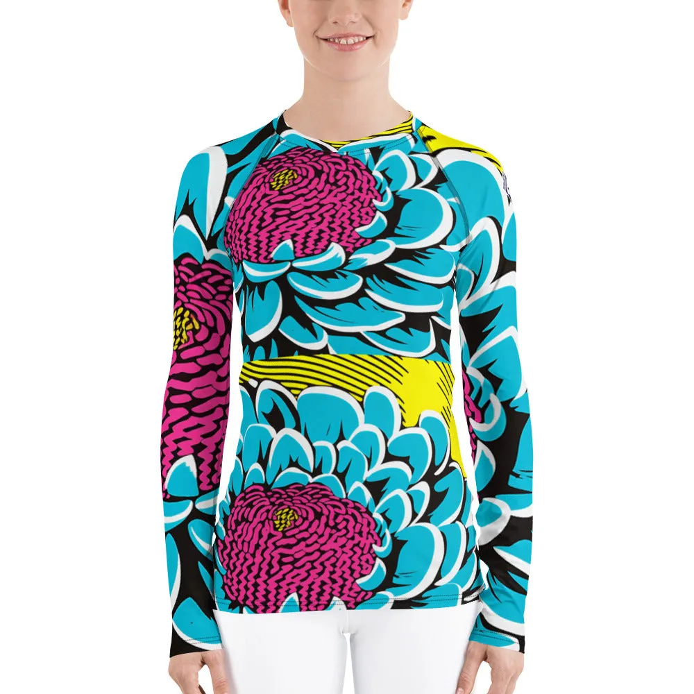 Women's Pop Art BJJ Long Sleeve Rash Guards - Roy Lichtenstein Inspired Dahlia Print 002