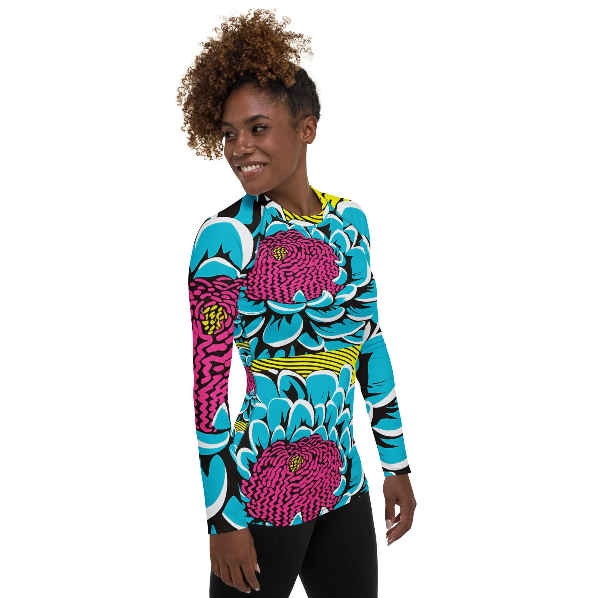 Women's Pop Art BJJ Long Sleeve Rash Guards - Roy Lichtenstein Inspired Dahlia Print 002