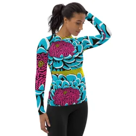 Women's Pop Art BJJ Long Sleeve Rash Guards - Roy Lichtenstein Inspired Dahlia Print 002