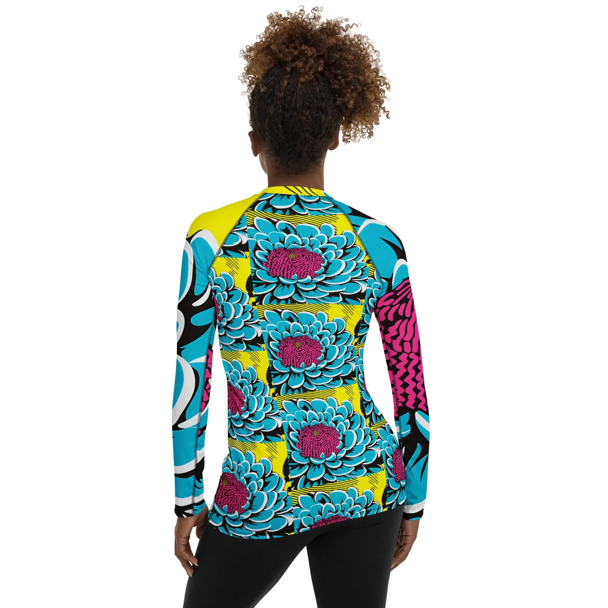 Women's Pop Art BJJ Long Sleeve Rash Guards - Roy Lichtenstein Inspired Dahlia Print 002