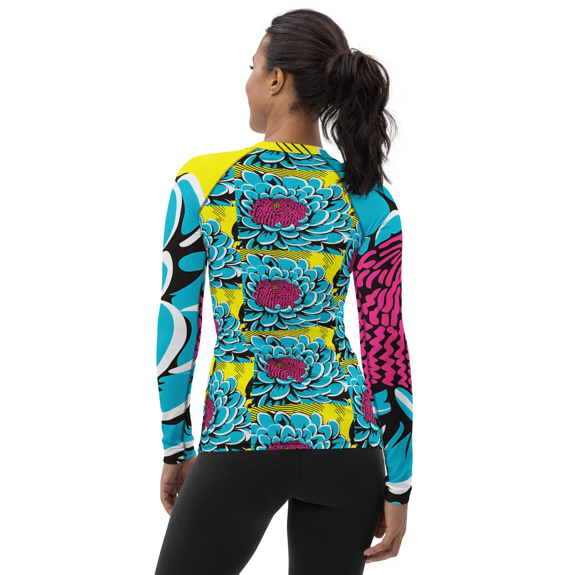 Women's Pop Art BJJ Long Sleeve Rash Guards - Roy Lichtenstein Inspired Dahlia Print 002