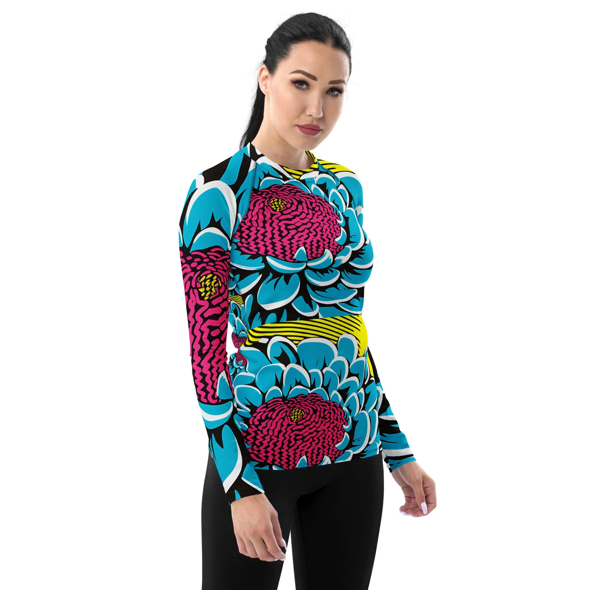 Women's Pop Art BJJ Long Sleeve Rash Guards - Roy Lichtenstein Inspired Dahlia Print 002