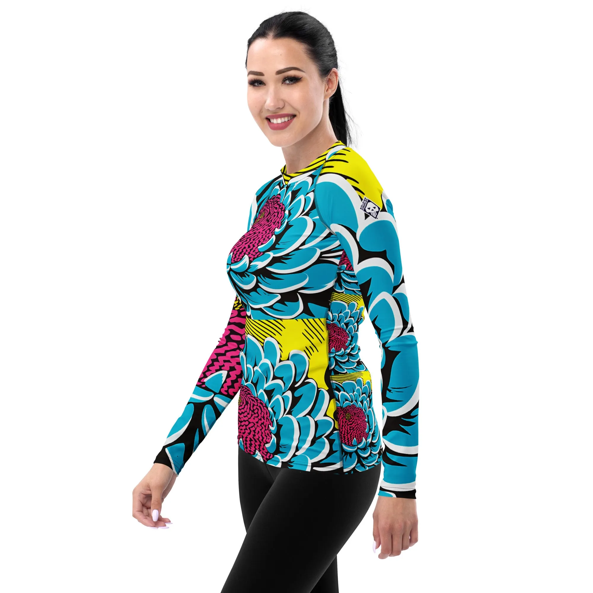 Women's Pop Art BJJ Long Sleeve Rash Guards - Roy Lichtenstein Inspired Dahlia Print 002