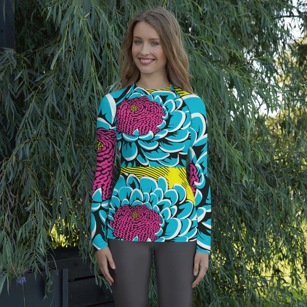 Women's Pop Art BJJ Long Sleeve Rash Guards - Roy Lichtenstein Inspired Dahlia Print 002