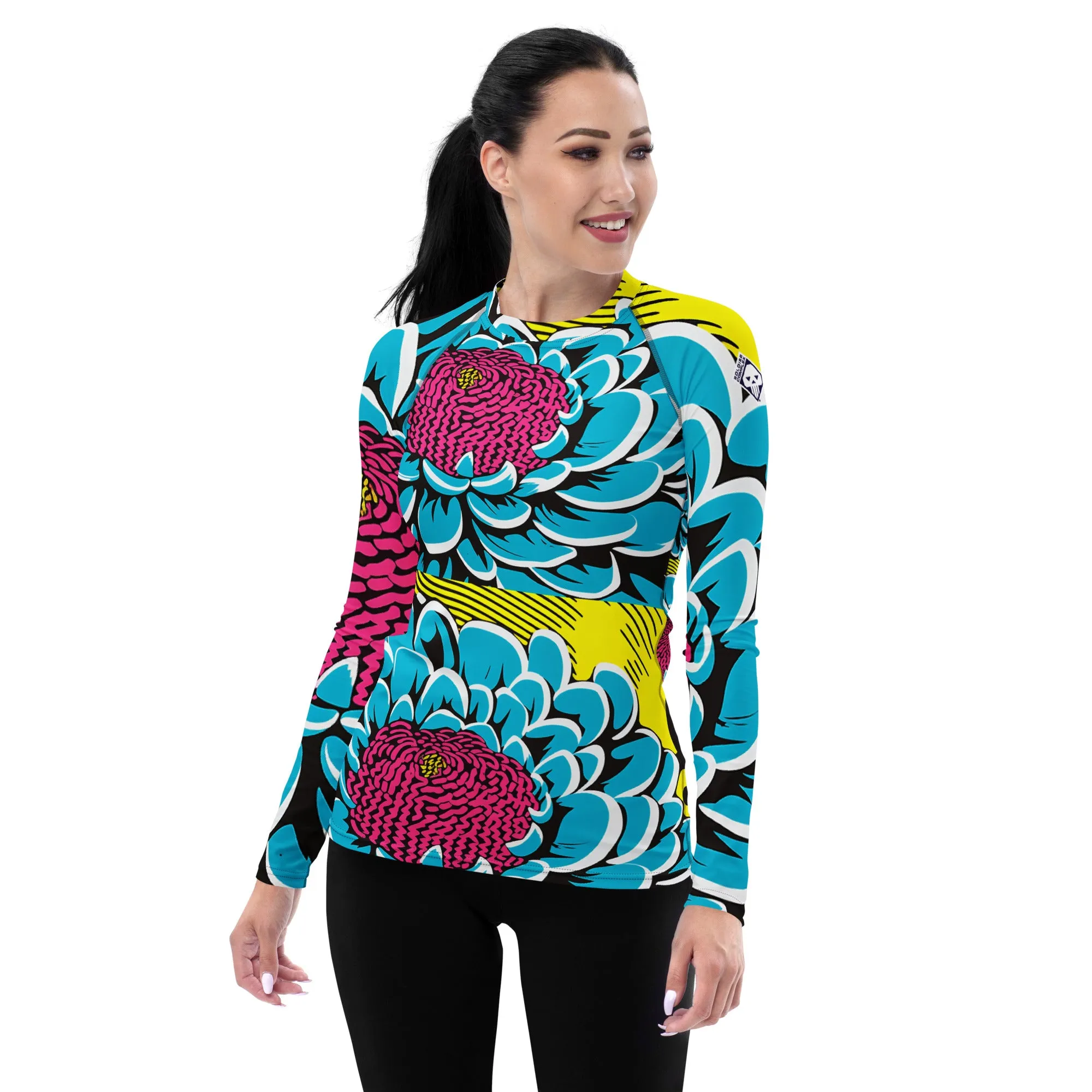 Women's Pop Art BJJ Long Sleeve Rash Guards - Roy Lichtenstein Inspired Dahlia Print 002