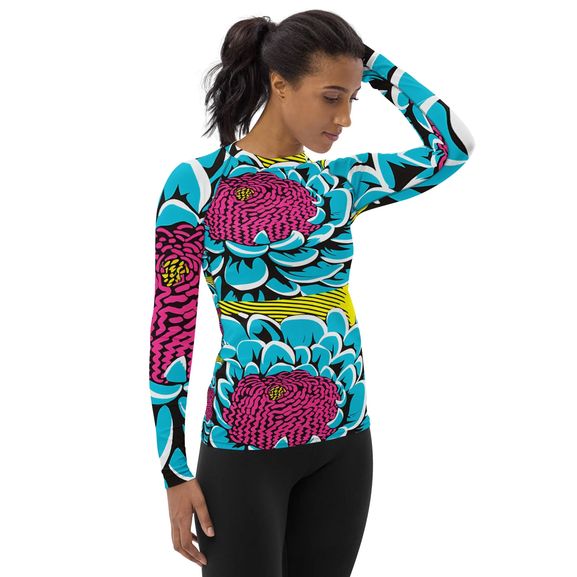 Women's Pop Art BJJ Long Sleeve Rash Guards - Roy Lichtenstein Inspired Dahlia Print 002