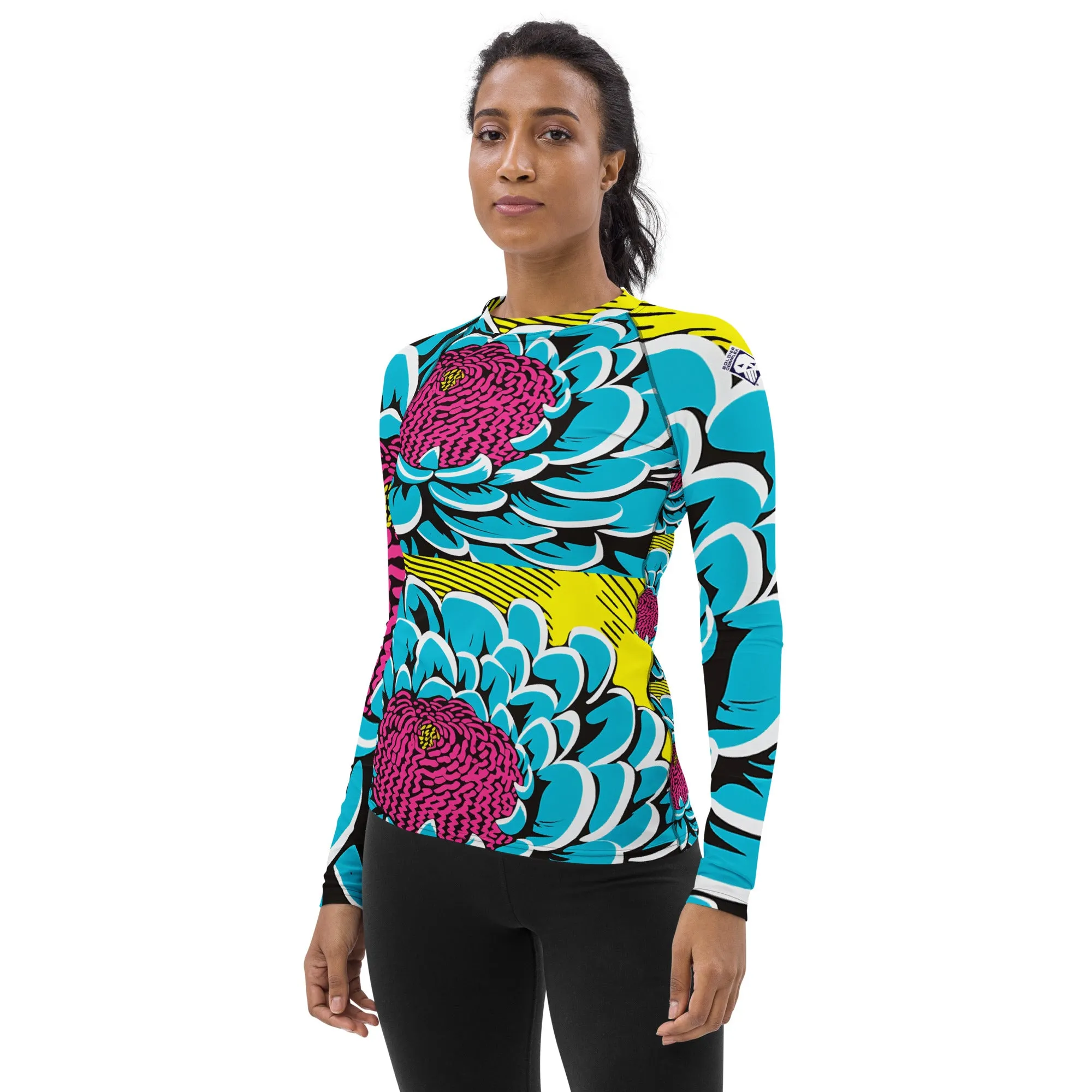 Women's Pop Art BJJ Long Sleeve Rash Guards - Roy Lichtenstein Inspired Dahlia Print 002