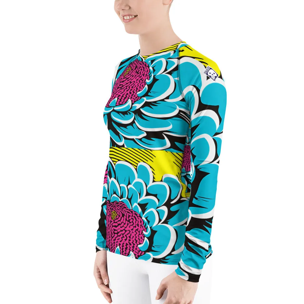 Women's Pop Art BJJ Long Sleeve Rash Guards - Roy Lichtenstein Inspired Dahlia Print 002